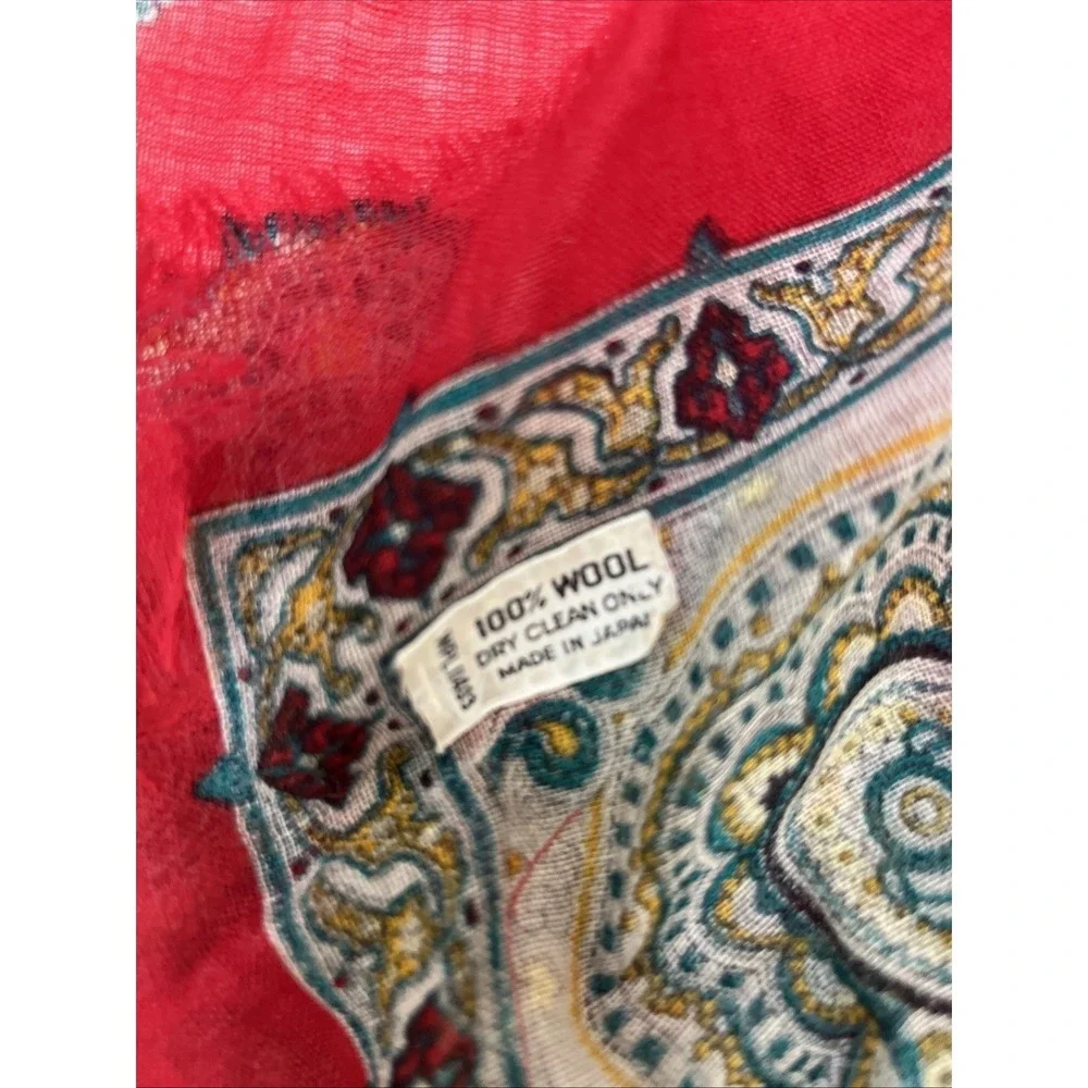 Vintage 100% Wool Paisley Scarf Red Multi Color Square Made in Japan Fringed